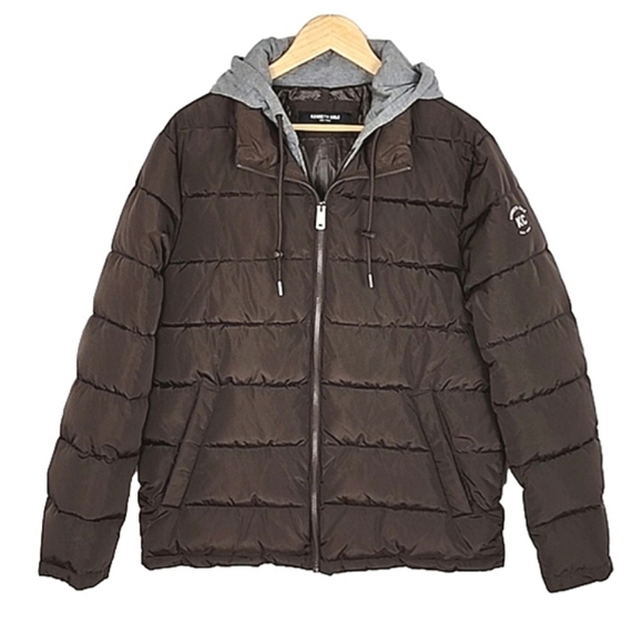 Kenneth Cole New York Men's Brown Puffer Winter Coat Grey Hood  Pockets Size Med - Picture 2 of 14